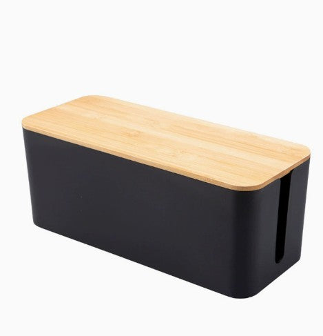 NOIRDEN Signature Cable Box in black with natural bamboo wood lid, angled product shot on white background