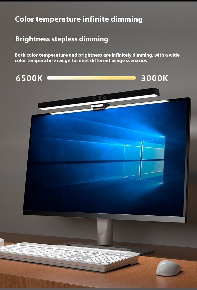 A desktop monitor setup on a desk with a keyboard and mouse, featuring a slim black monitor light bar mounted above the screen. The image includes marketing text about color temperature and brightness dimming, with a Windows desktop visible on the monitor.