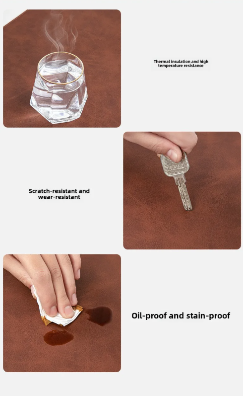 NOIRDEN desk mat feature highlights: thermal insulation and heat resistance, scratch-resistant and wear-resistant surface, oil-proof and stain-proof material
