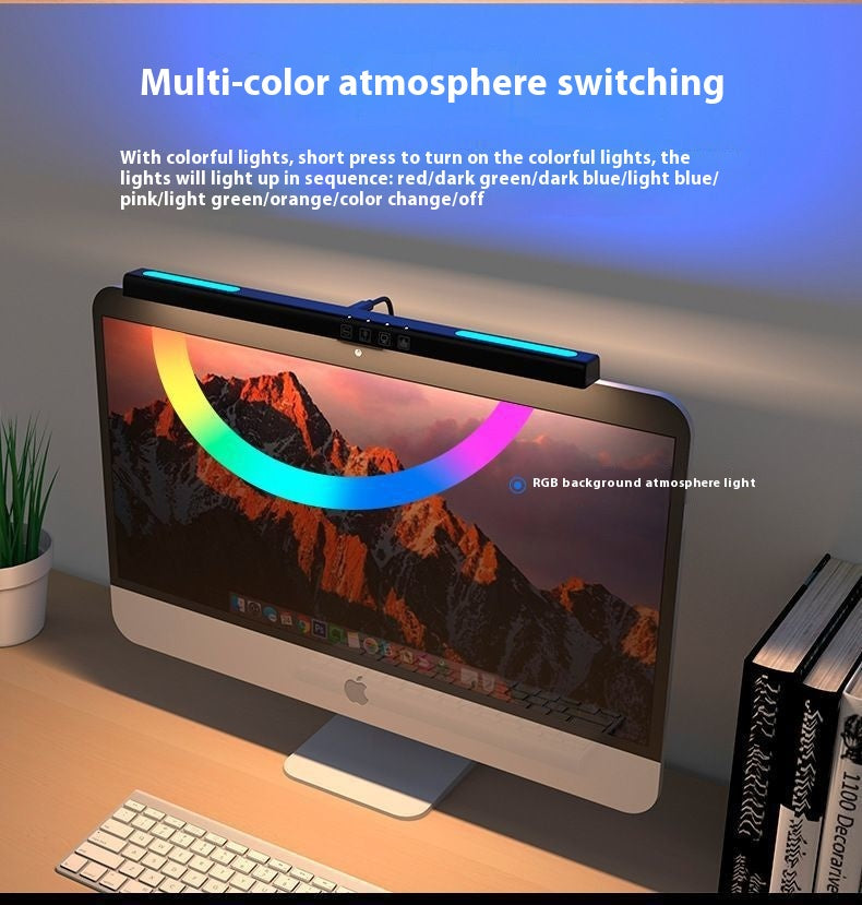 NOIRDEN Signature Monitor Light feature callout showing multi-color atmosphere switching with RGB backlight cycling through red, green, blue, pink, orange, and color-change modes