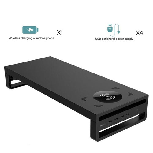NOIRDEN Signature Monitor Riser feature callout showing built-in wireless phone charging and 4 USB peripheral ports