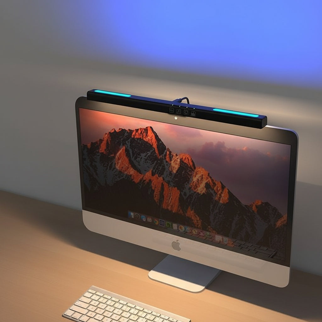NOIRDEN Signature Monitor Light on an iMac in a dark room with blue ambient RGB backlight glowing on the wall