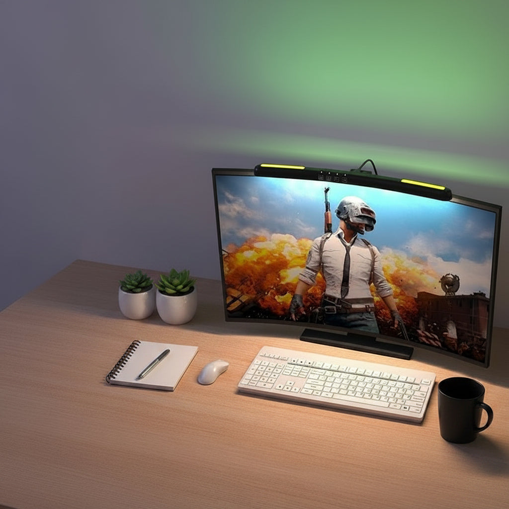 NOIRDEN Signature Monitor Light on a curved gaming monitor with green RGB ambient backlight, wood desk with keyboard, mouse, notebook, and mug