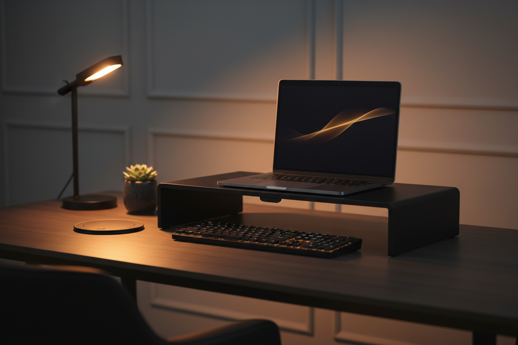 NOIRDEN Signature Monitor Riser in use on a wood desk with a MacBook elevated, phone wirelessly charging on top, and USB devices connected