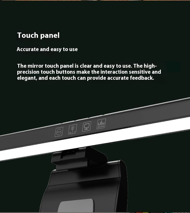 Close-up of a black electronic device with a touch panel and illuminated LED strip, shown against a dark background with descriptive text about the touch panel.