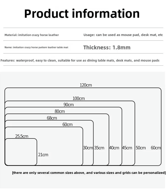 NOIRDEN desk mat product information chart showing imitation leather material, 1.8mm thickness, and available sizes from 25.5x21cm up to 120x60cm