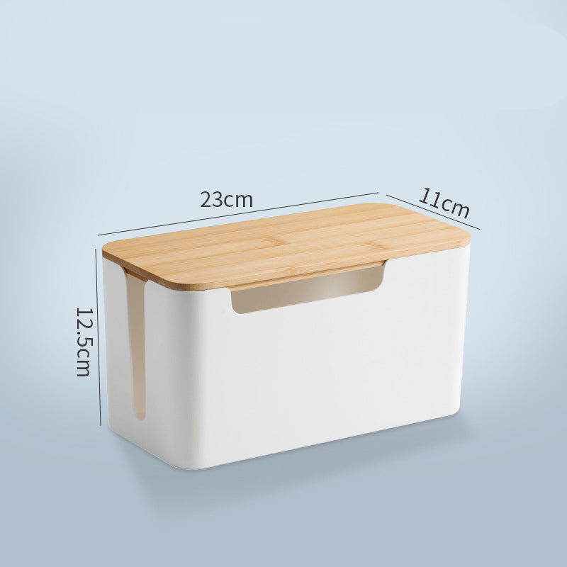 NOIRDEN Signature Cable Box in white with natural bamboo wood lid, angled product shot on white background