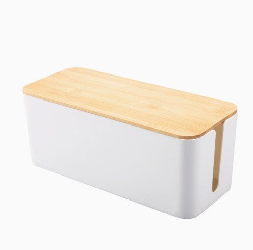 NOIRDEN Signature Cable Box in white with natural bamboo wood lid, angled product shot on white background