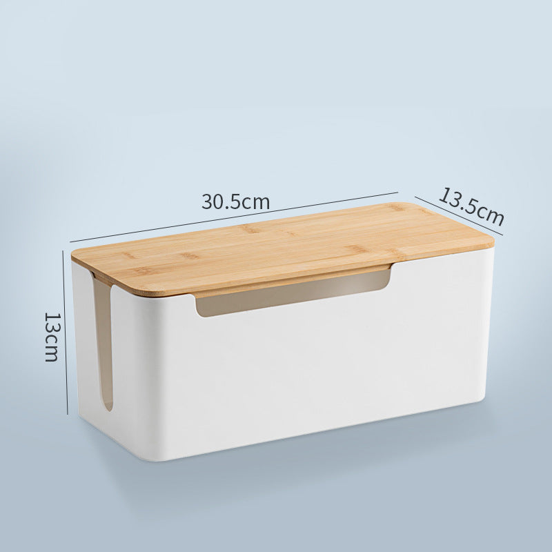 NOIRDEN Signature Cable Box in white with natural bamboo wood lid, angled product shot on white background