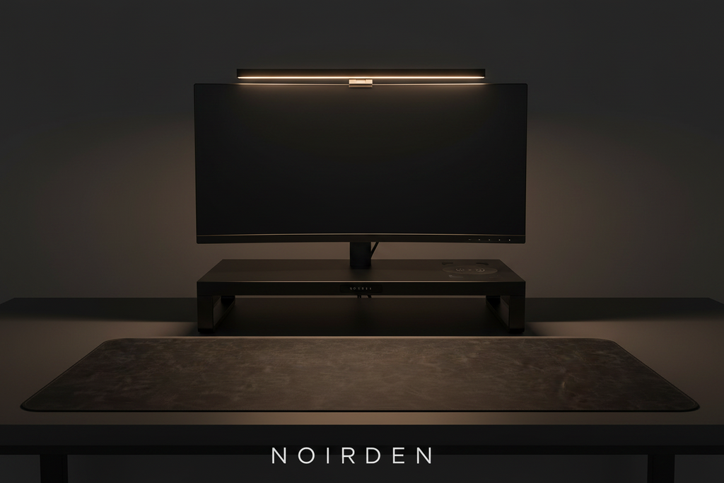 NOIRDEN Signature Trio bundle — Monitor Riser and Monitor Light on a dark minimal desk with desk mat, warm ambient glow