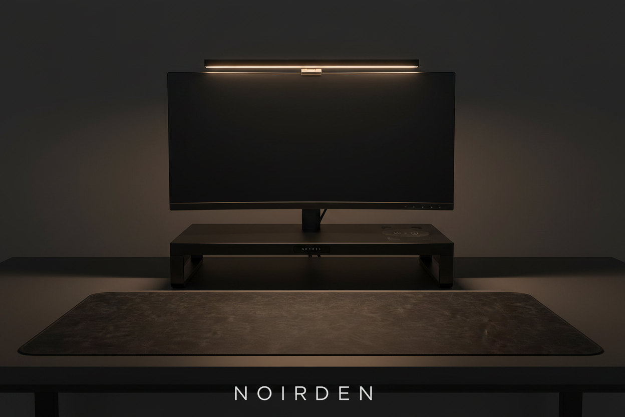 NOIRDEN Signature Trio bundle — Monitor Riser and Monitor Light on a dark minimal desk with desk mat, warm ambient glow